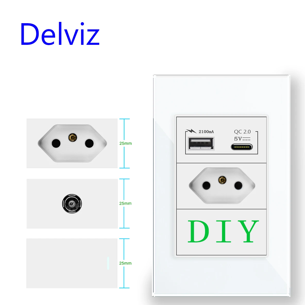 Delviz Бразилия стандартты 20A розеткасы, DIY арнайы қосқышы және розеткасы, Type-C USB кабельді теледидар портының модулі, BR 10A электр ашасының қабырға розеткасы Сурет 0