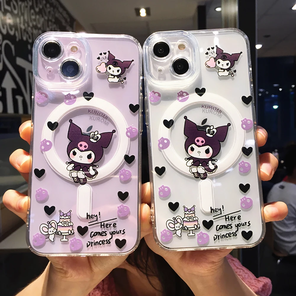 Sanrio Kuromi IPhone 15 14 13 12 11 Pro Max Plus күзге қарсы Y2k қызға арналған сыйлықтың артқы қақпағына арналған Magsafe магнитті телефон қорапшасы Сурет 0