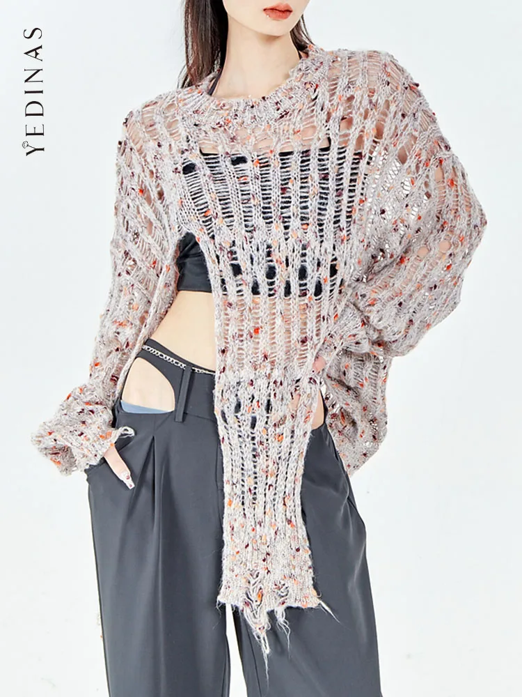 Yedinas Streetwear шұңқыры Біркелкі емес тоқылған үстіңгі корей стиліндегі пуловер жемпірі Әйелдерге арналған секіргіш Y2k сплит күзін қараңыз Сурет 0