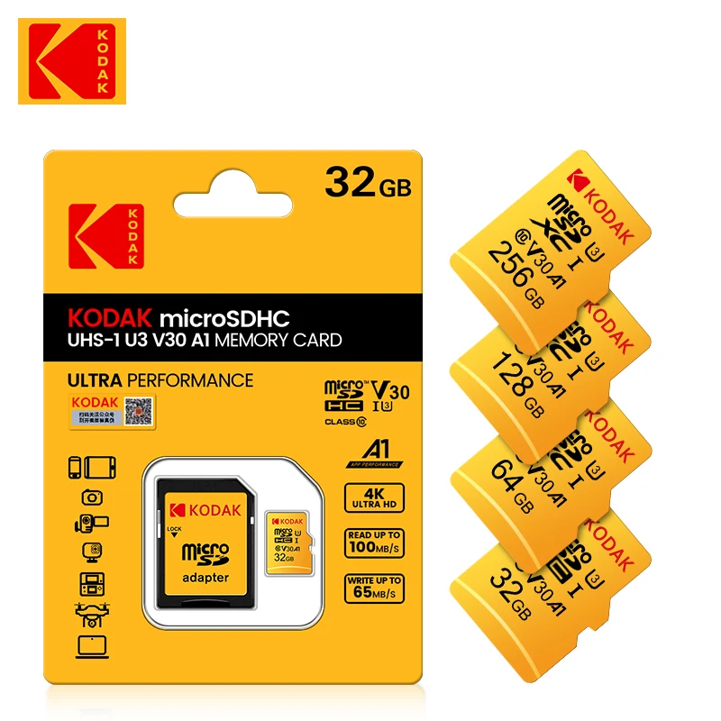 ЖАҢА KODAK Class10 U3 Micro SD жад картасы 256GB 95MB / s UHS-I 32GB 64GB 128GB TF картасы 4K HD USB картасын оқу адаптеріне арналған microsd Сурет 0