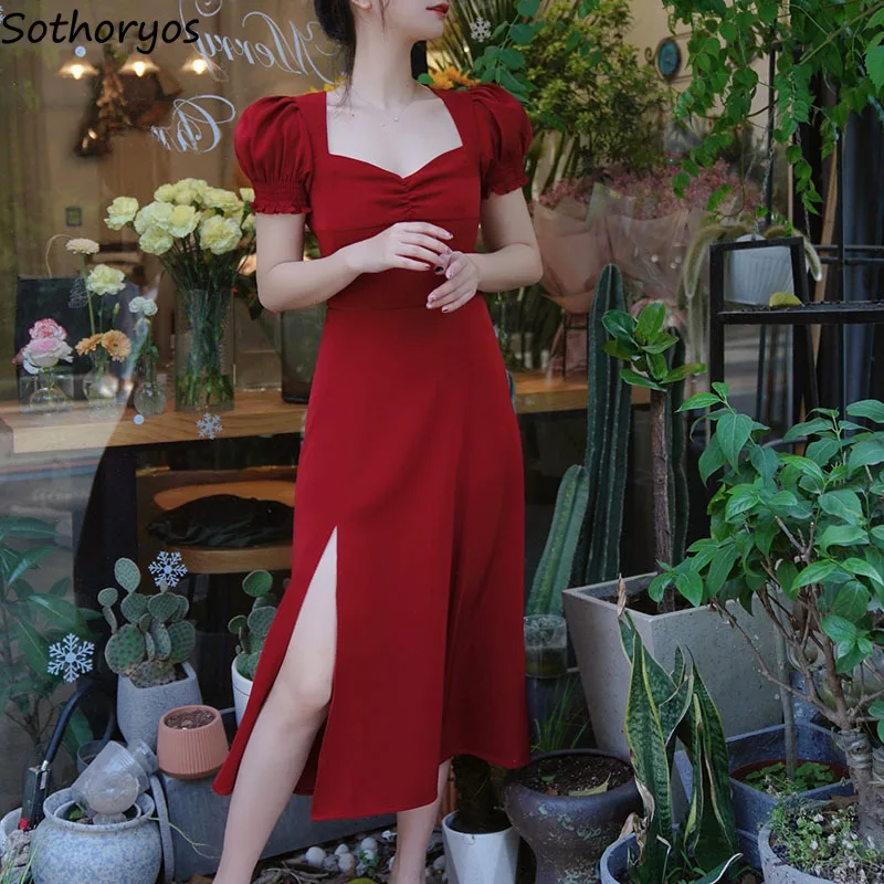 Қысқа жеңді көйлек Қызыл түсті қатты ретро Талғампаз Жазғы A-line Empire Shirring Сексуалды Midi Vestidos Mujer француз стиліндегі сән Сурет 0